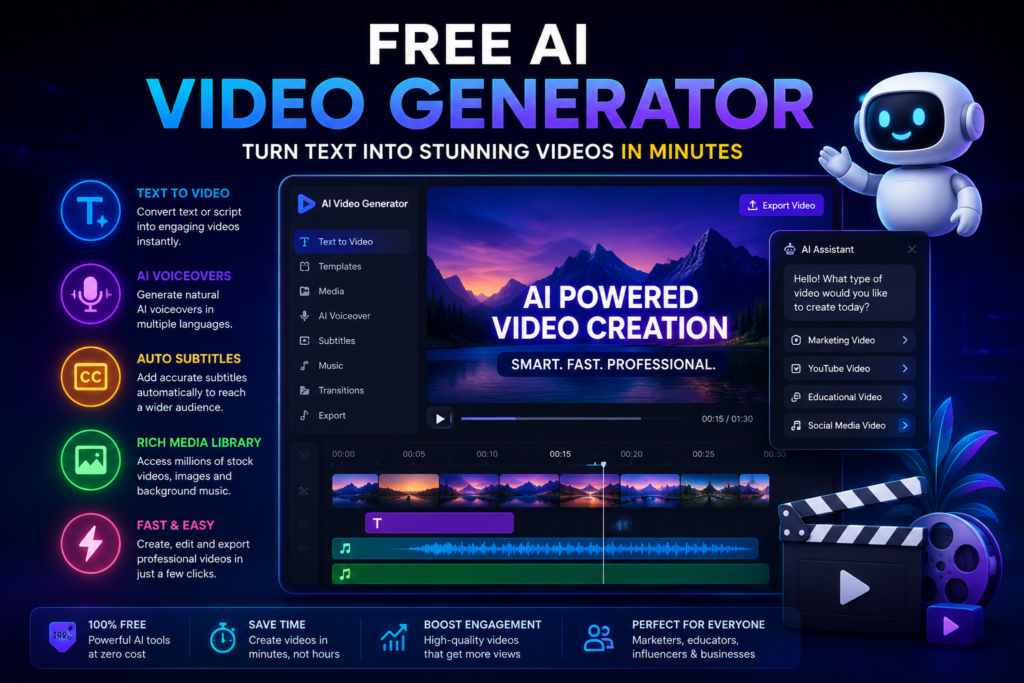 Free AI Video Generator dashboard showing AI-powered video creation, text-to-video conversion, AI voiceovers, automatic subtitles, media library access, and professional video editing tools.